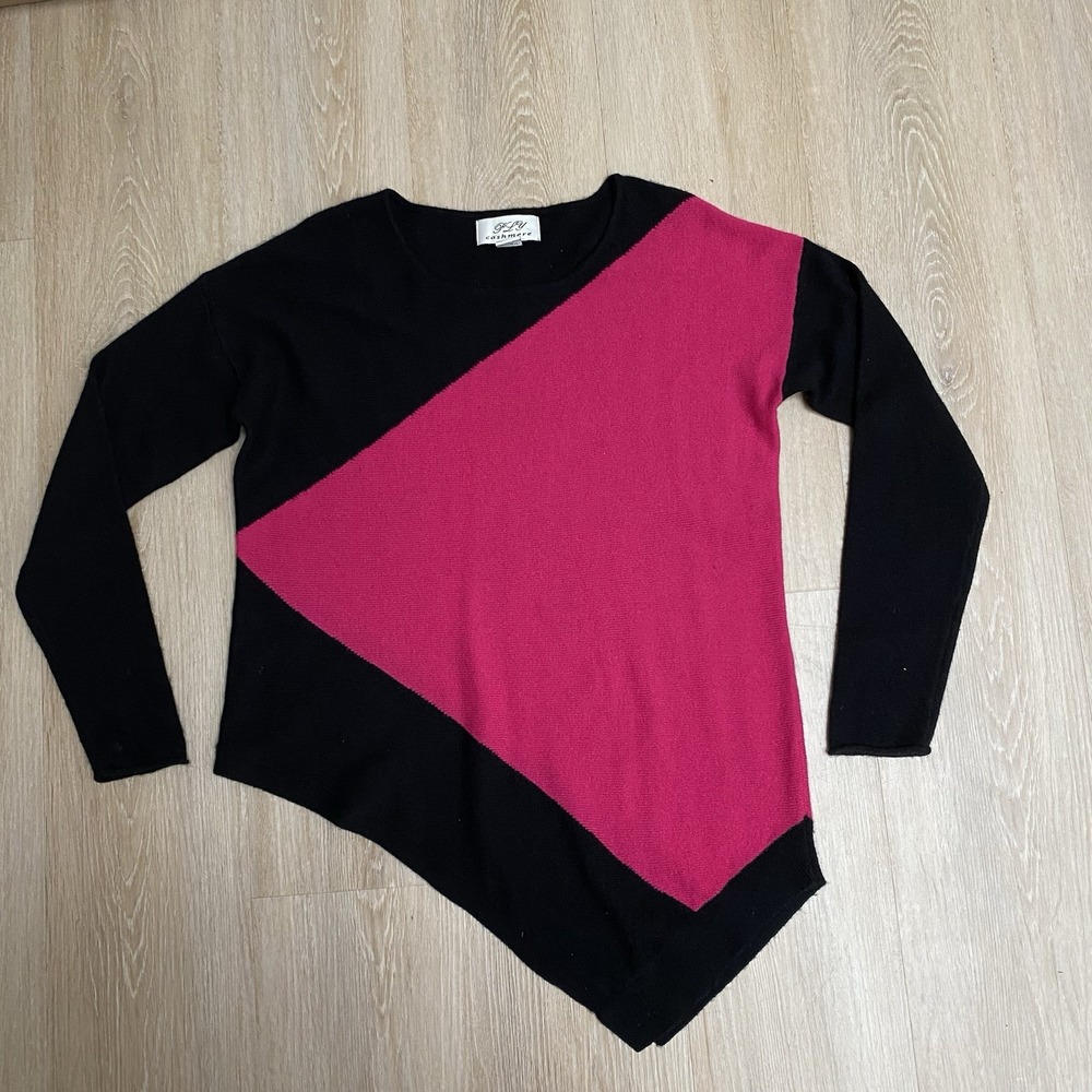 PLY Cashmere 100% Cashmere Sweater Size L Black Pink Colorblock Asymmetrical Hem